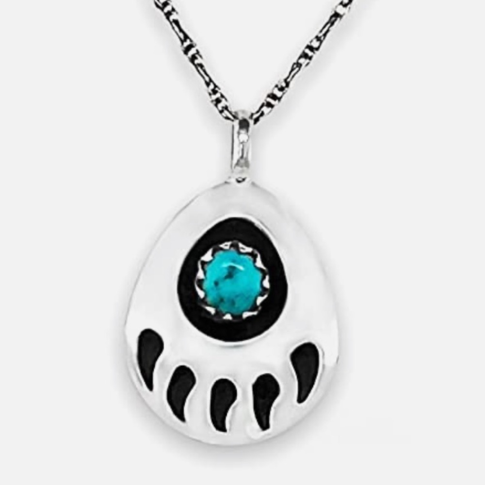 Vintage Sterling Silver Turquoise Crystal Stone Little Bear Print Necklace